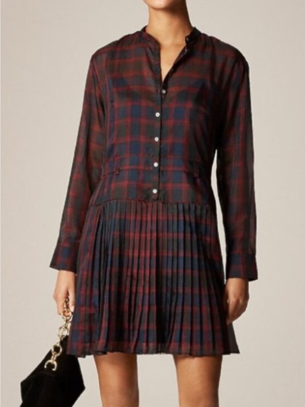 JCrew Plaid LONG-Sleeve Pleated Dress in Navy and Burgundy, size 8, NWT